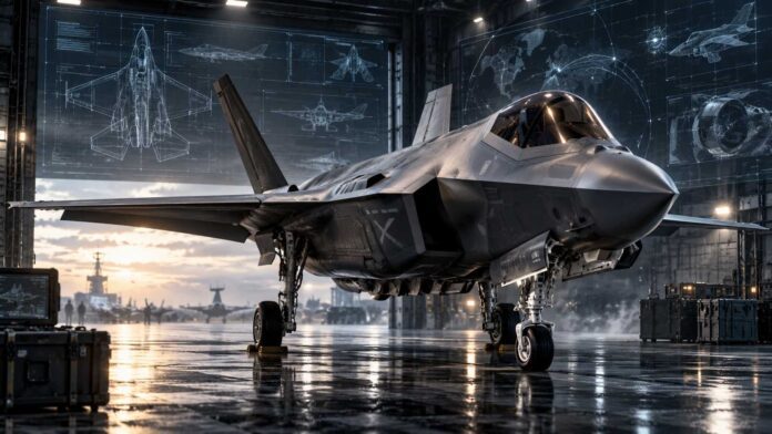 f35 Stealthni lovac u futurističkom hangaru